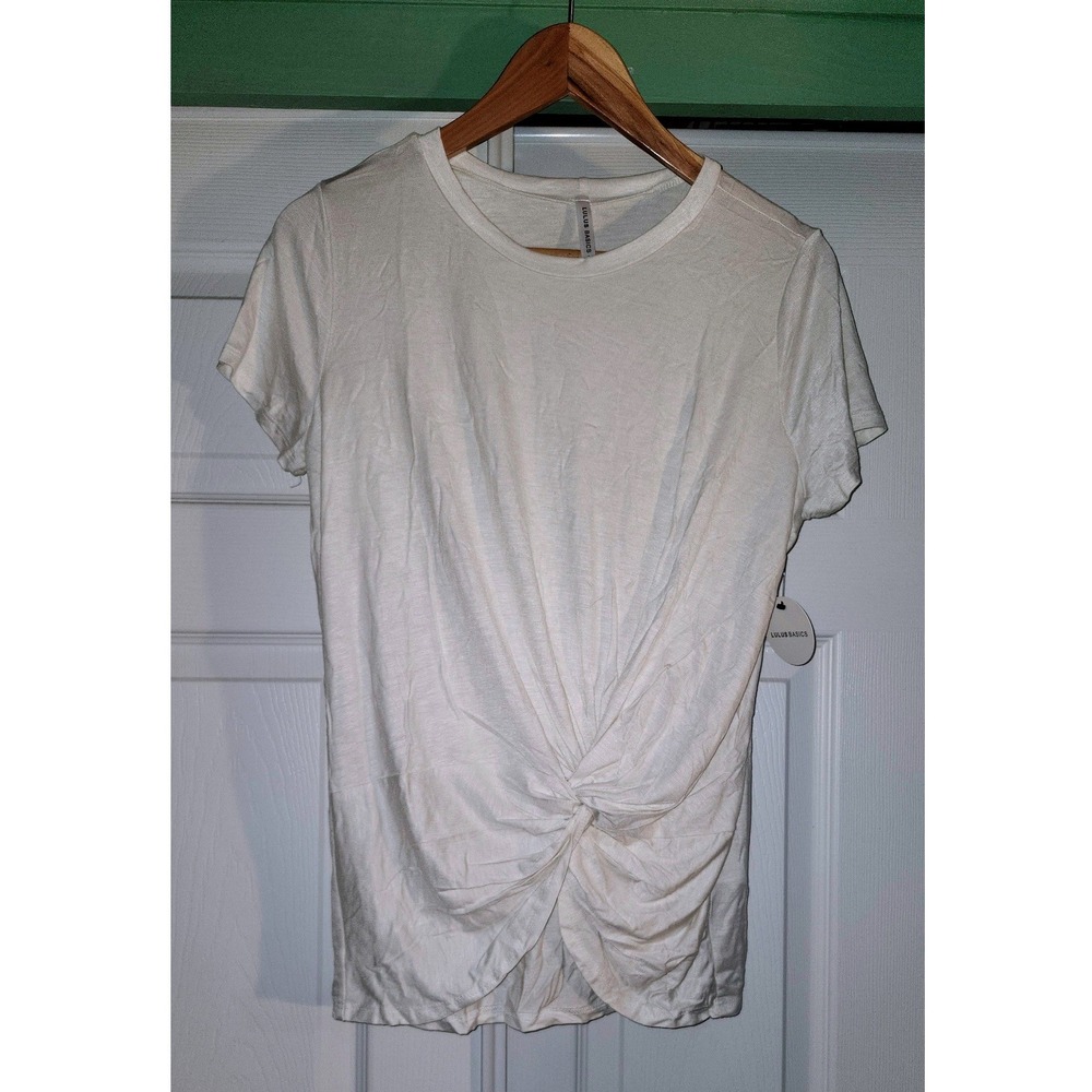 Lulus Basics Womens White Twist Front Knot Short Sleeve Crew Neck T-Shirt L NWT‎